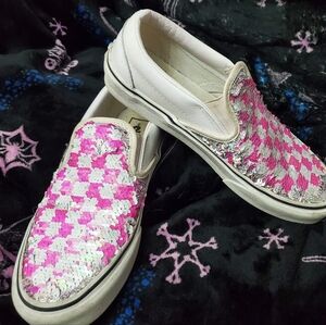 Big Girl Vans Pink And White Checkered Flipping Sequined Slip On Shoes